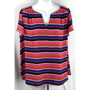 Vintage Elle Top XL Colorful Stripe Flutter Short Sleeve Flowy Pleated V-Neck